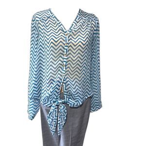 CALS Blue White Chevron Sheer Blouse Medium Tie Front Coastal Boho Top